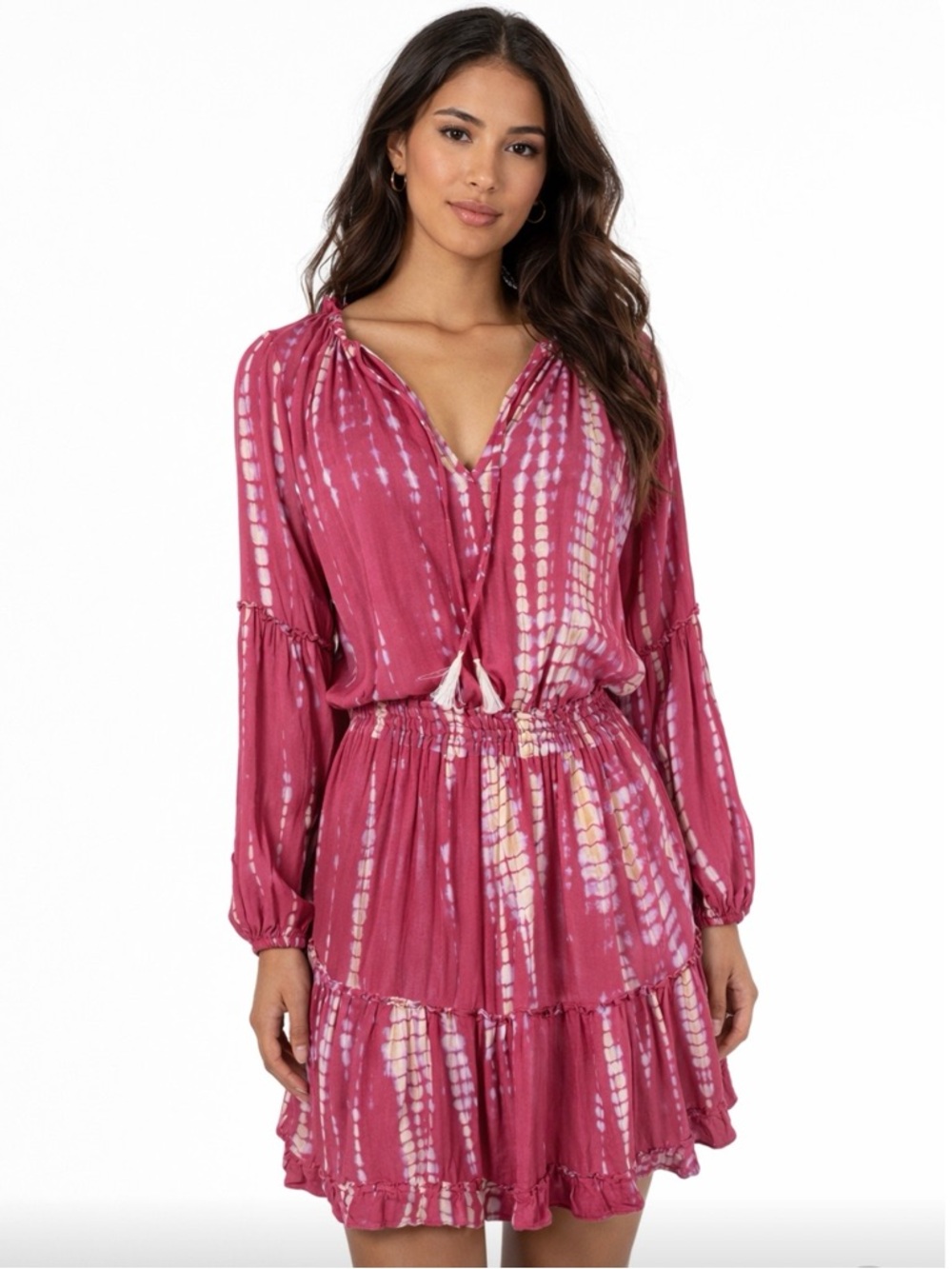 NATALIE MARTIN Magenta Tie-Dye Long Sleeve Tiered Mini Dress Size S